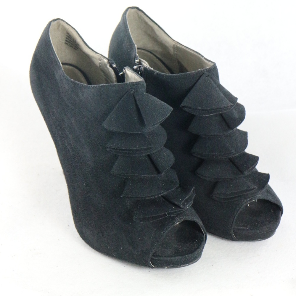 CATO Black Suede Pleated Peep Toe Ankle Booties